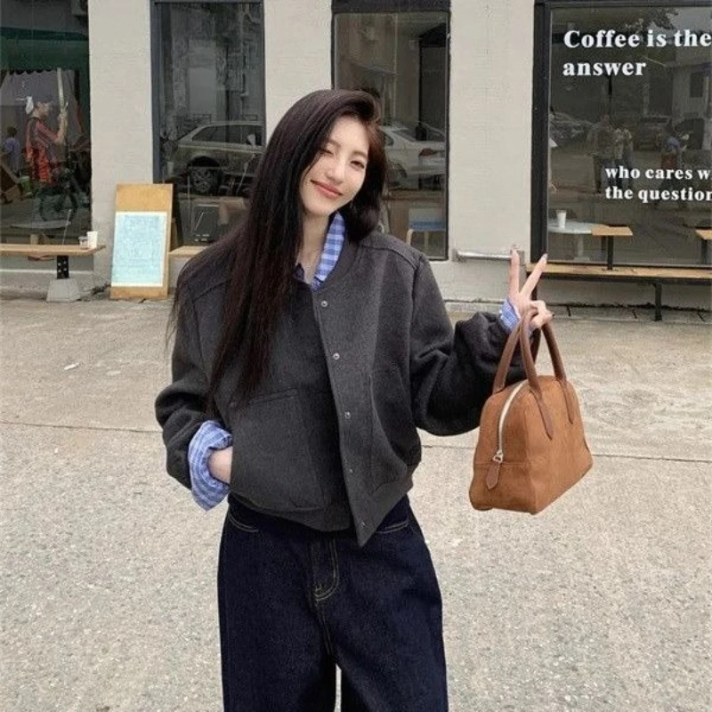 New Arrival Vintage Style Casual Loose Fit Short Baseball Premium Autumn Gray Outerwear For Women Men