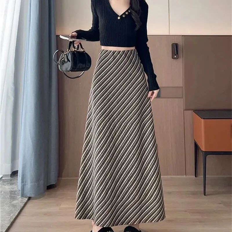 

Корейская женская модная шерстяная юбка макси с высокой талией, осенняя повседневная женская юбка А-силуэта, весенняя женская длинная юбка с диагональными полосками