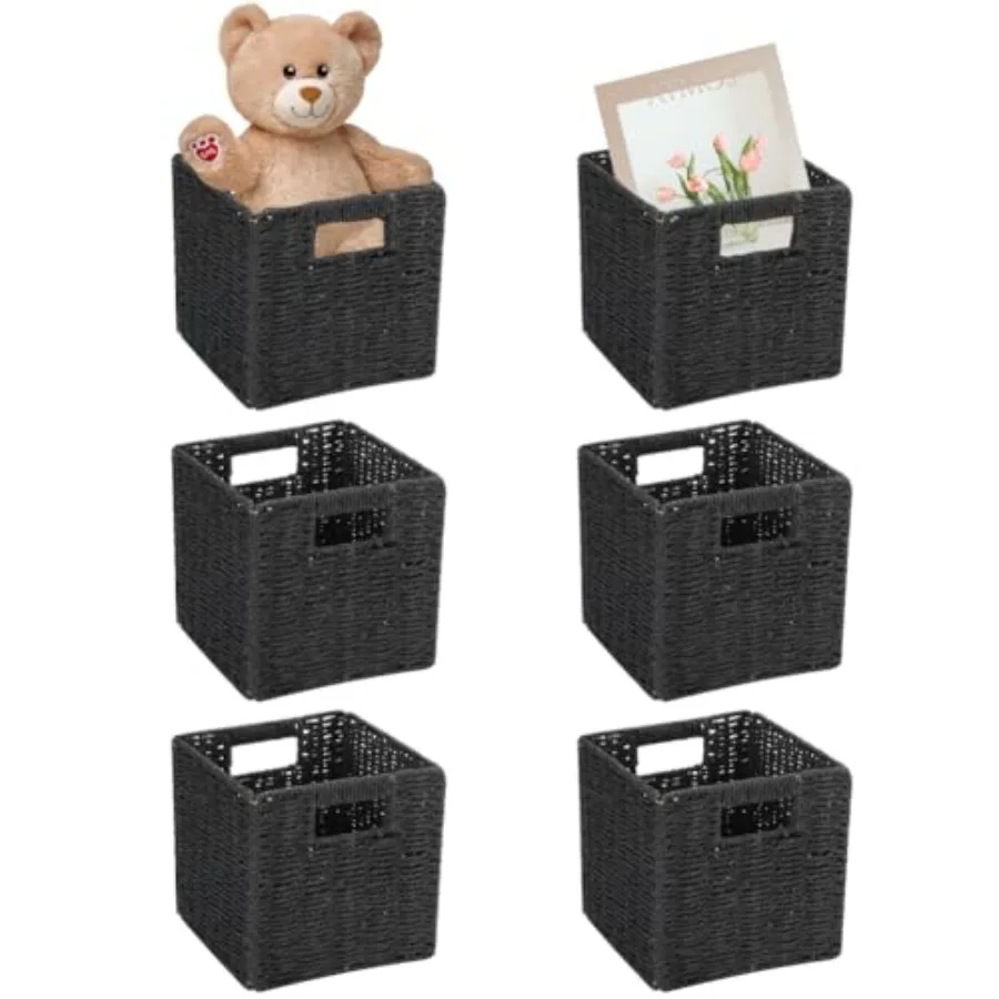 

6 Pack 8.7 Inch Wicker Baskets, Hand Woven Paper Rope Storage Baskets, Foldable Cube Storage Bins Organizer Square Wicker Cubes