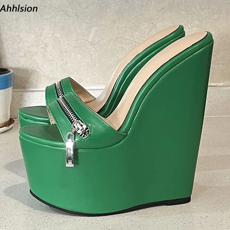 Ahhlsion Real Photos Women Summer Slingback Sandals Wedges High Heels Round Toe Green Party Shoes Ladies US Plus Size 4-15