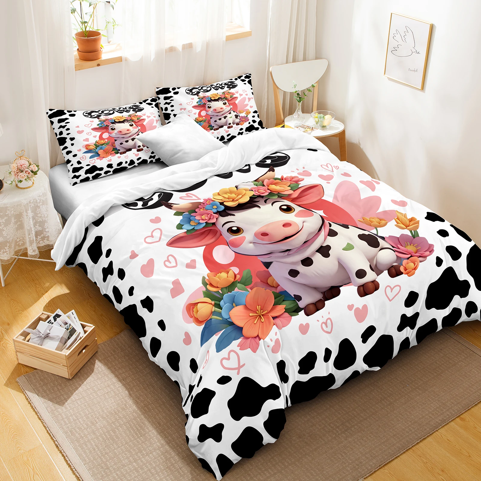 White Black Cow Bedding Set 3 Pcs Black Marble Cover Sets Modern Duvet Cover Set Realistic Cat Soft Bedding Set for Girls Boy