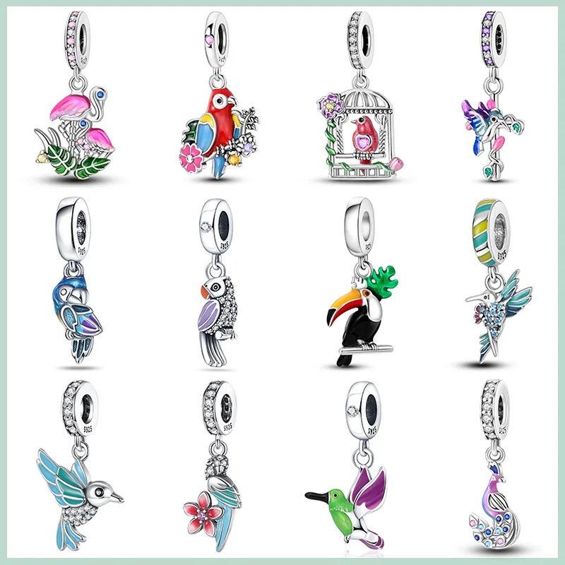 925 Sterling Silver Colorful Parrot Flamingo Hummingbird Charm Bead Suitable for Pandora Original Bracelet DIY Fine Jewelry Gift