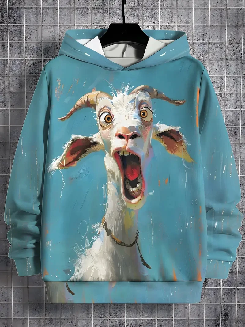 Abstract Animal Graphic Men's Hoodies 3D Print Funny Goat Face Print Oversize Hooded Pullover Fashion Creative Design Sweatshirt