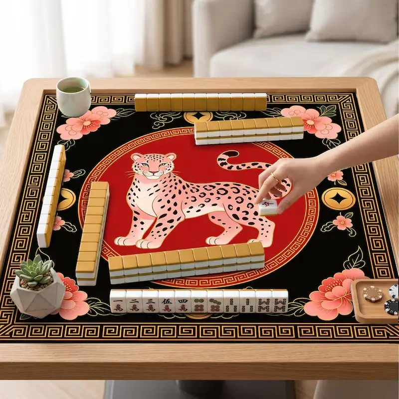 VIKAMA Oriental Leopard Peony Mahjong Mat Anti Noise Non Slip Rubber Pad Portable Washable American Mah Jongg For Ladies Party