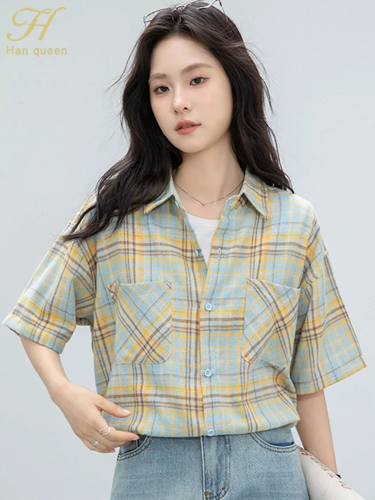 

H Han Queen Loose Basic Office Vintage Plaid Short Sleeve Tops Elegant Chiffon Blouse Women Casual Shirts Summer Clothes 2025