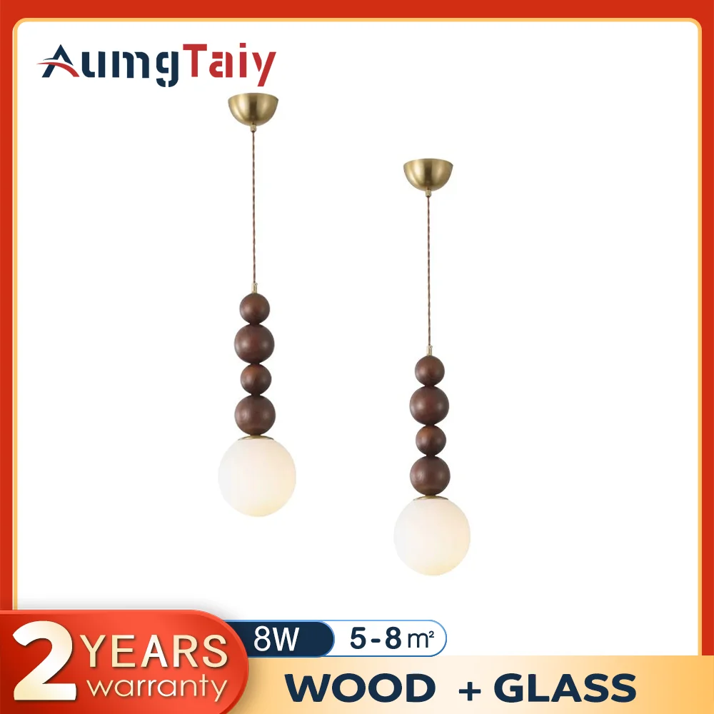 French Retro Bedside Hanging lamp wood bedroom headboard pendant light, modern minimalist creative restaurant pendant light