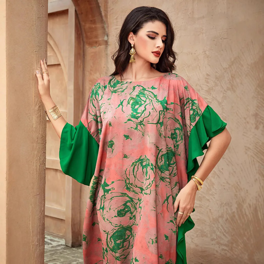 2026 Summer New Fashion Vintage Women's Printed Casual Trendy Elegant Color-coded Loose O-neck Short Sleeve Dresses Female Abaya