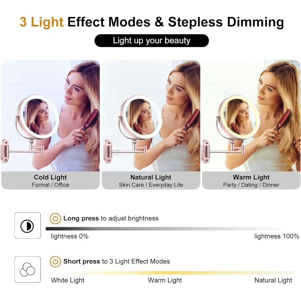 9 مرآة مكياج مثبتة على الحائط مضيئة LED مع تكبير مزدوج الجوانب قابل لإعادة الشحن، 360 درجة ° ذراع دوار، قابل للتعتيم باللمس، 3 ألوان #4