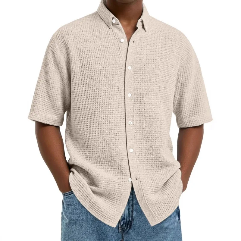 Men's Light Blue Wfle Knit Short-Sleeve Shirt Button-Down Oversized Casual Breathable Daily Top