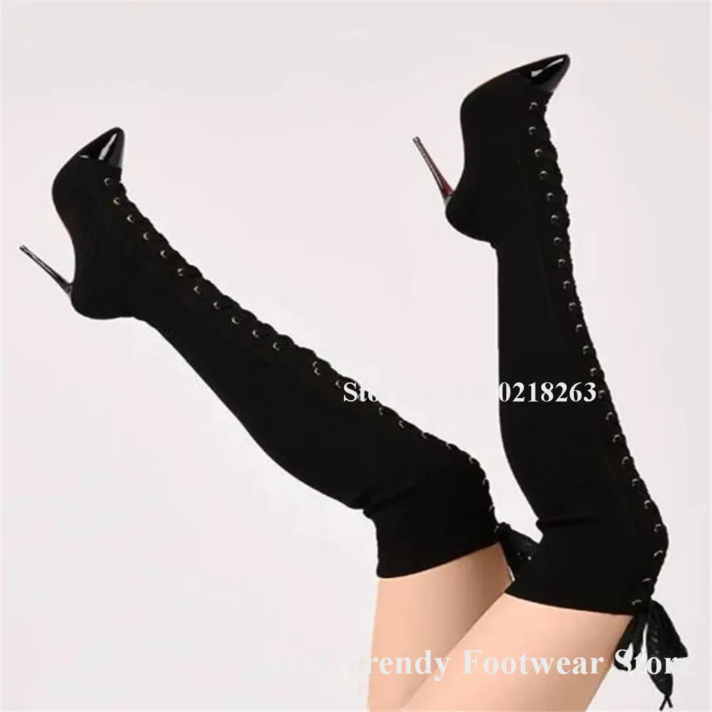 Black Suede Patchwork Patent Leather Pointed Toe Over Knee Thin Heel Boots Elegant Slim Lace-up Stiletto Heel Long Boots