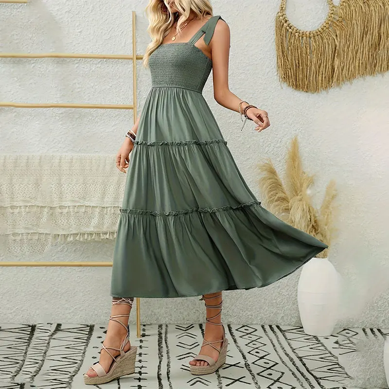 Y.KUKU 2024 Brand Long Dresses Backless Pleated Ruffles Elegant Sleeveless Slim Fit Casual Summer Office Women Dress Vestidos