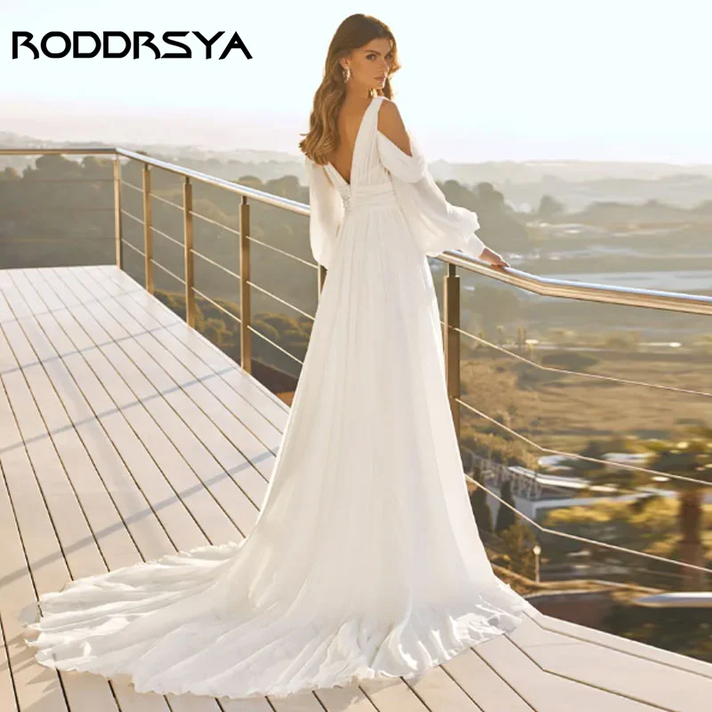 RODDRSYA Chiffon V-Neck Vestidos De Casamento Dividir A Linha Puff Manga Vestido De Noiva Backless Spaghetti Straps Robe De Mariée Custom Made Vestidos de noiva em chiffon com decote em V Vestidos de noiva com decote e