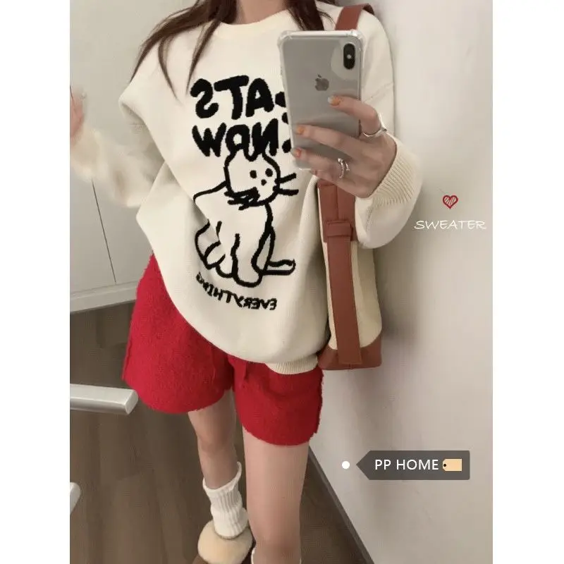 

American Retro 2023 Autumn Winter New Round Neck Hand Painted Cat Long Sleeved Knitted Sweater Loose Version Top Women Pullover