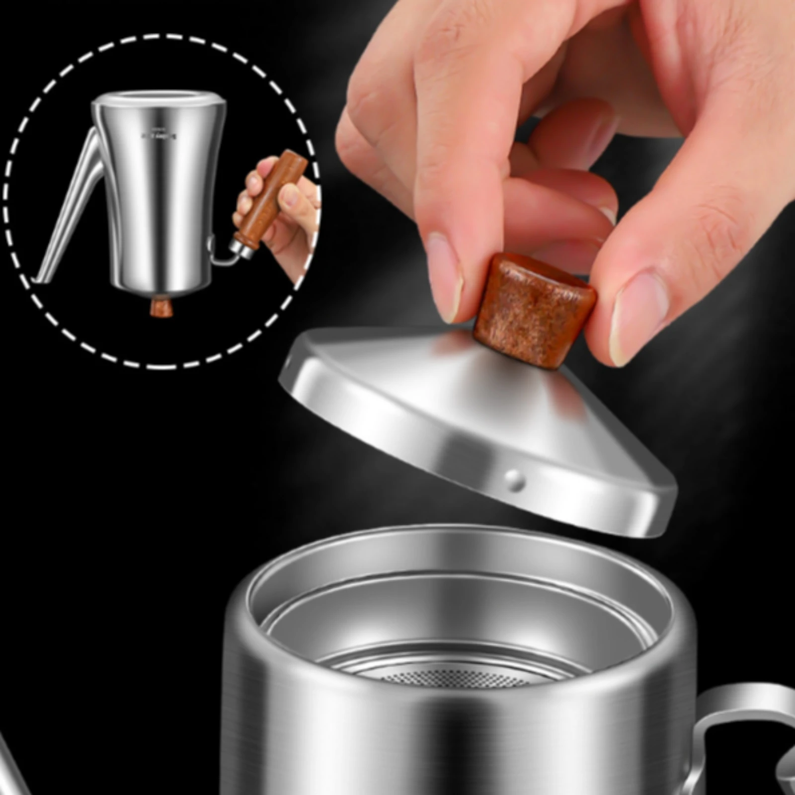 Stainless Steel Oil Dispenser Wood-Look Handle Oil Jug with Spout Kitchen Storage Dust Cover Leak-Proof view 4