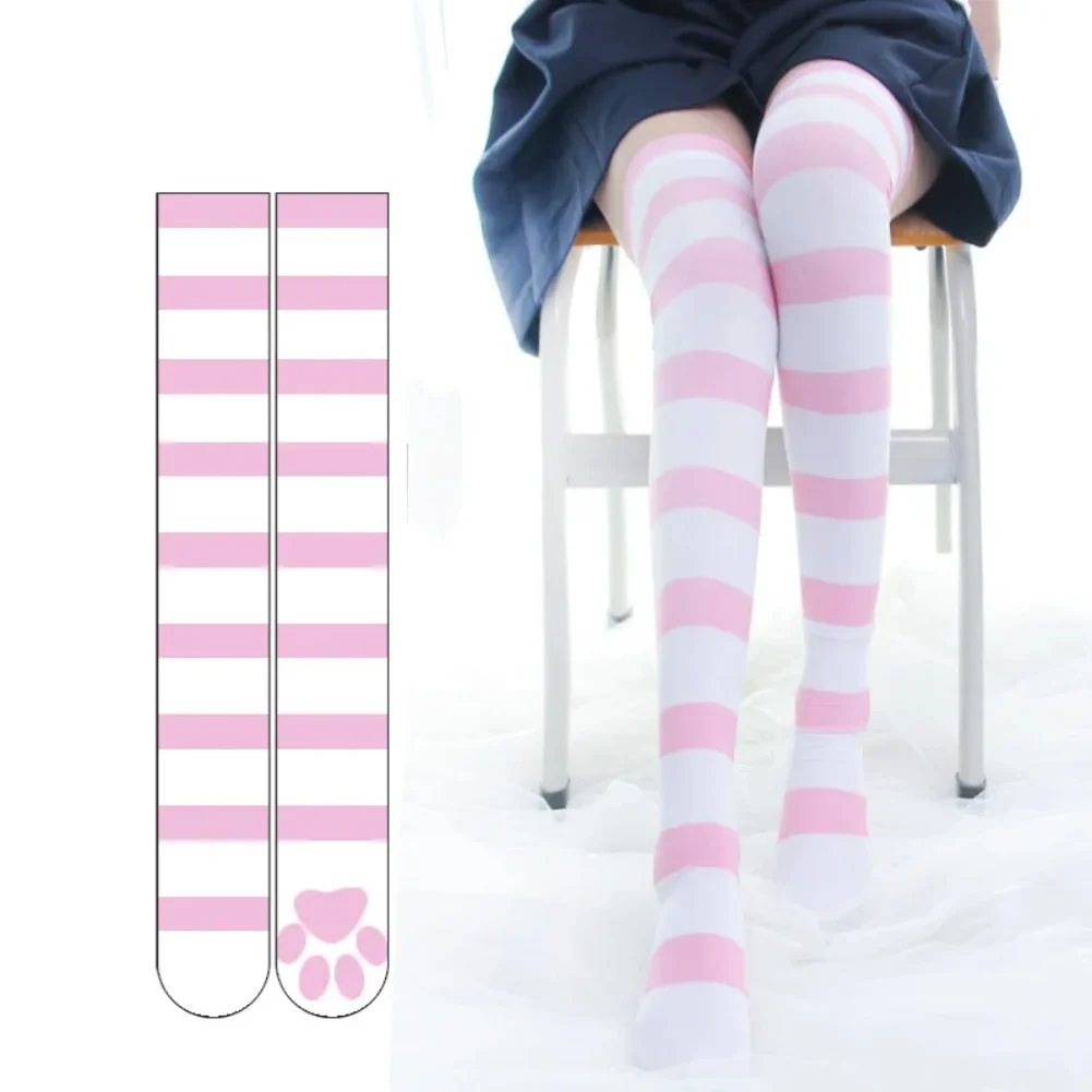 Bas à bande rose Kawaii imprimé patte de chat, chaussettes gothiques en velours Lolita au-dessus du genou, cuisses hautes, bas longs JK