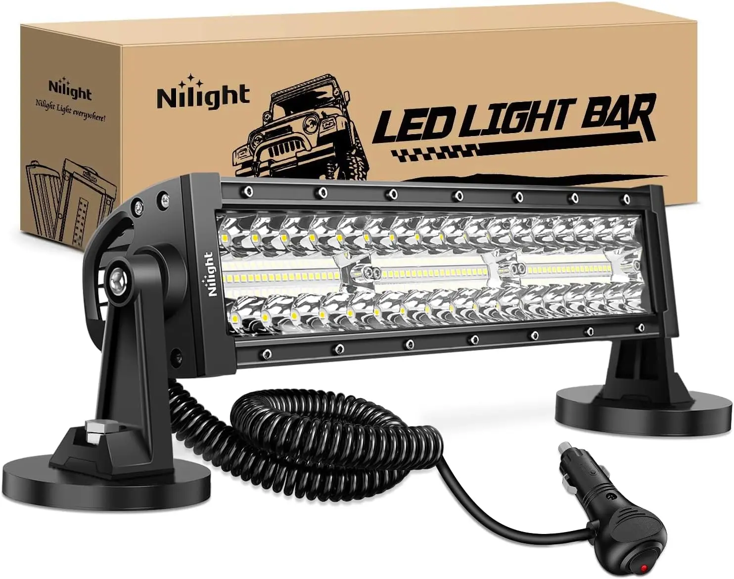 

13.5 Inch Triple Row LED Light Bar with Magnetic Base, Spot Flood Combo for Truck Tractor UTV