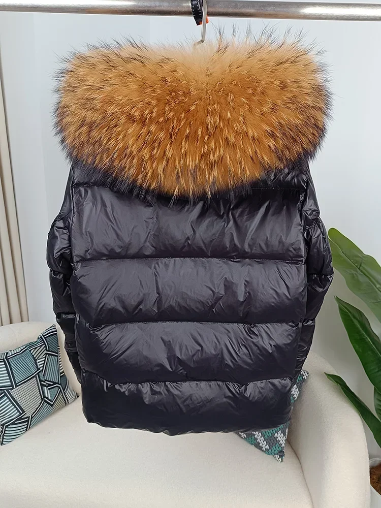 Novo 2025 jaqueta de inverno feminina pele de raposa real gola de pele de guaxinim com capuz grosso quente pato para baixo longo streetwear outerwear destacável