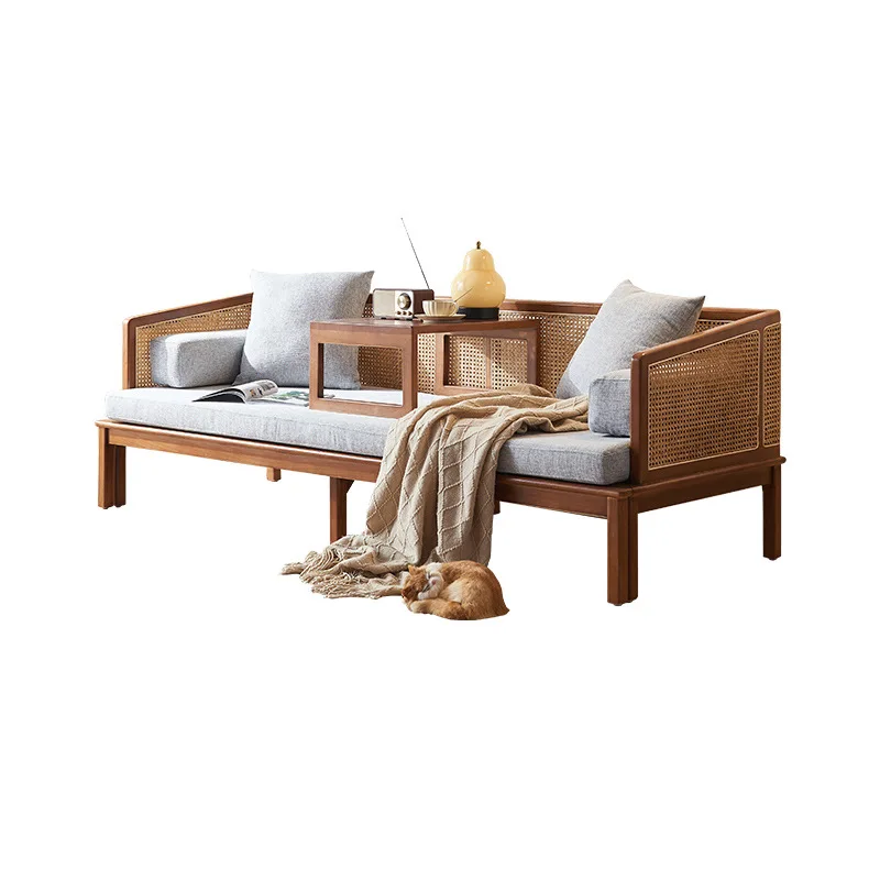 

New Chinese rattan solid wood sofa bed wabi-sabi wind living room fabric ash wood three-person removable