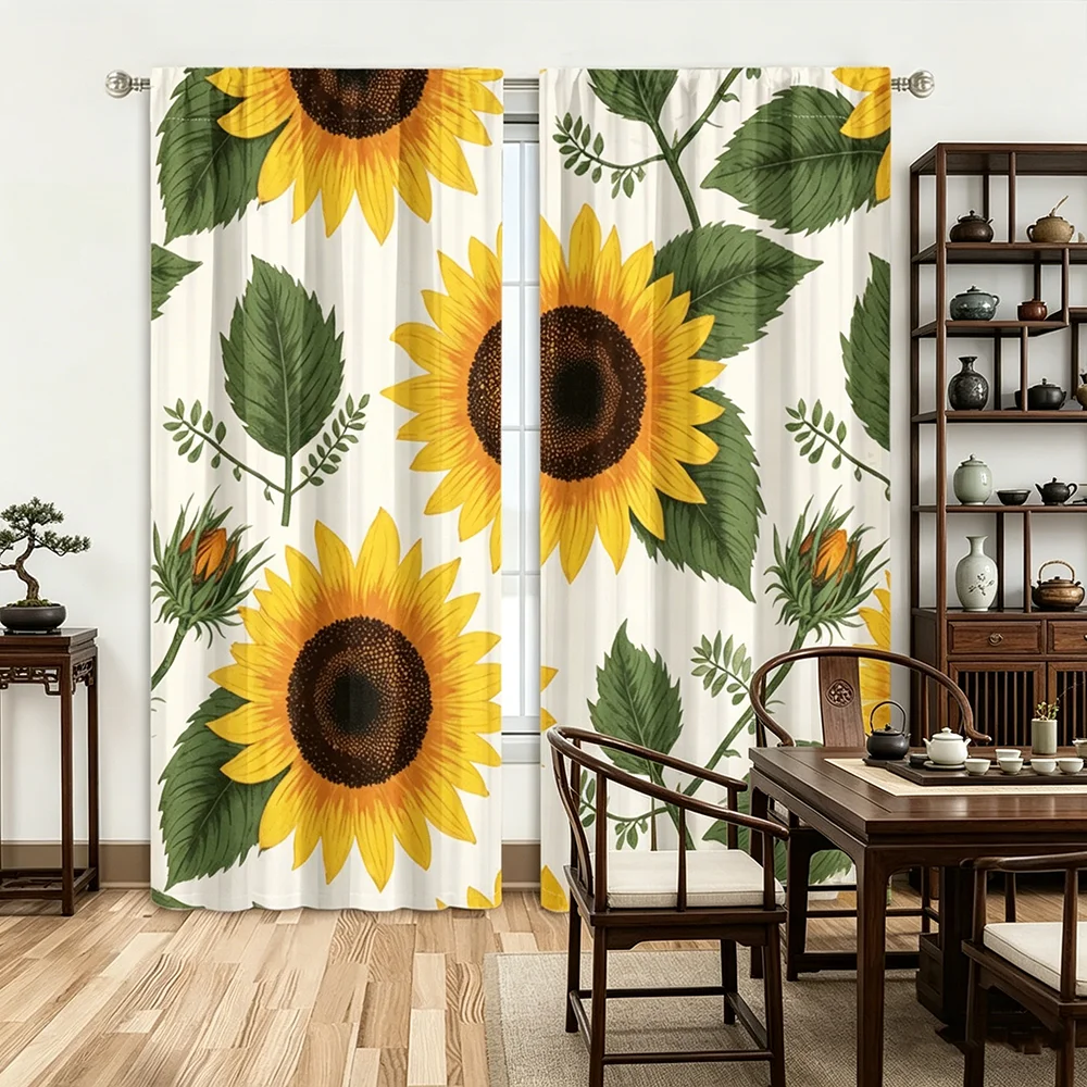 2PCS Digital Printed Curtains, Sunny Day Sunflower Summer Floral Yellow, Window Curtains for Living Room Bedroom Home Decoration