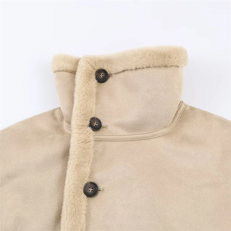 Giacca da donna in pile reversibile beige Teddy - Cappotto corto asimmetrico con colletto alto e bottoni, caldo invernale