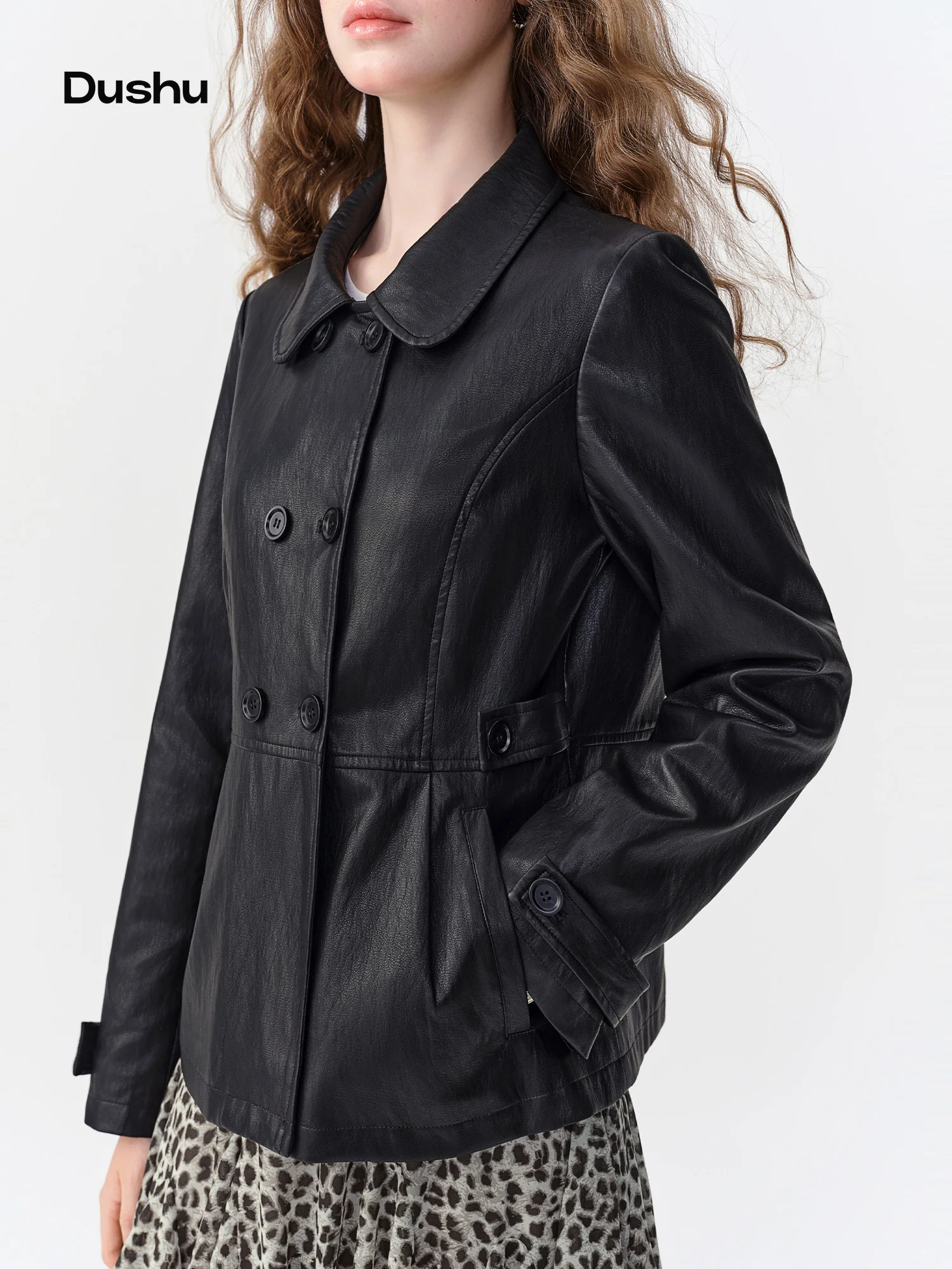 DUSHU 2026 Fall New Women's Charcoal Double-Breasted Doll Collar Leather Jacket Cool Chic Outerwear Available in Multiple Sizes