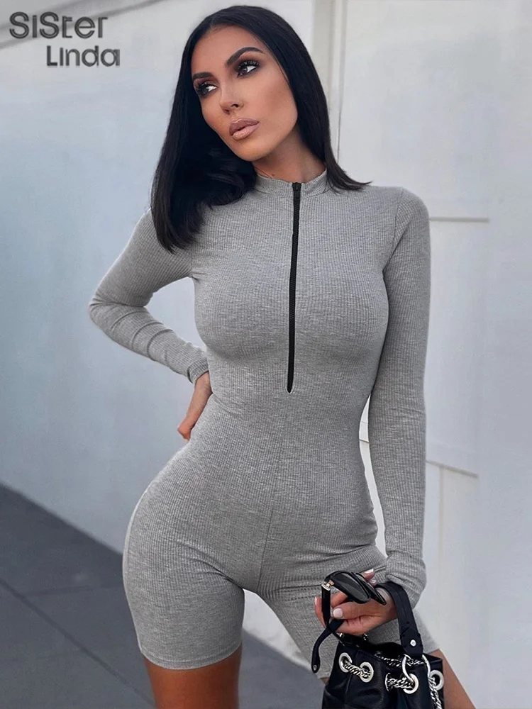 

Sisterlinda Summer Casual Fitness Romper Women 2024Long Sleeve Above Knee Zipper Slim One Piece Playsuits Workout Overalls Mujer