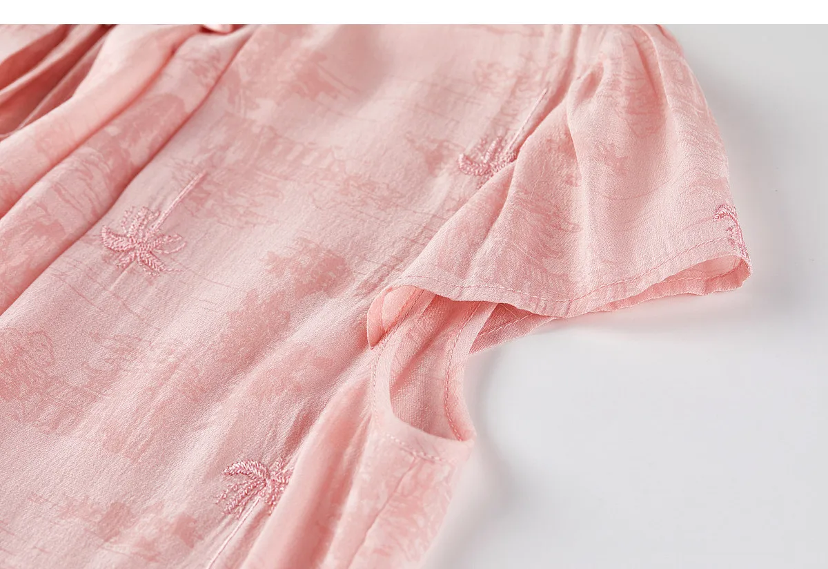 SENTUBILA Elegante Bestickte Jacquard-Chiffonbluse für Damen, Rosa, mit Gepinntem Plissee-Stehkragen und Spitzensaum, Locker Geschnittenes Hemd 162VF5004 – Detail 34