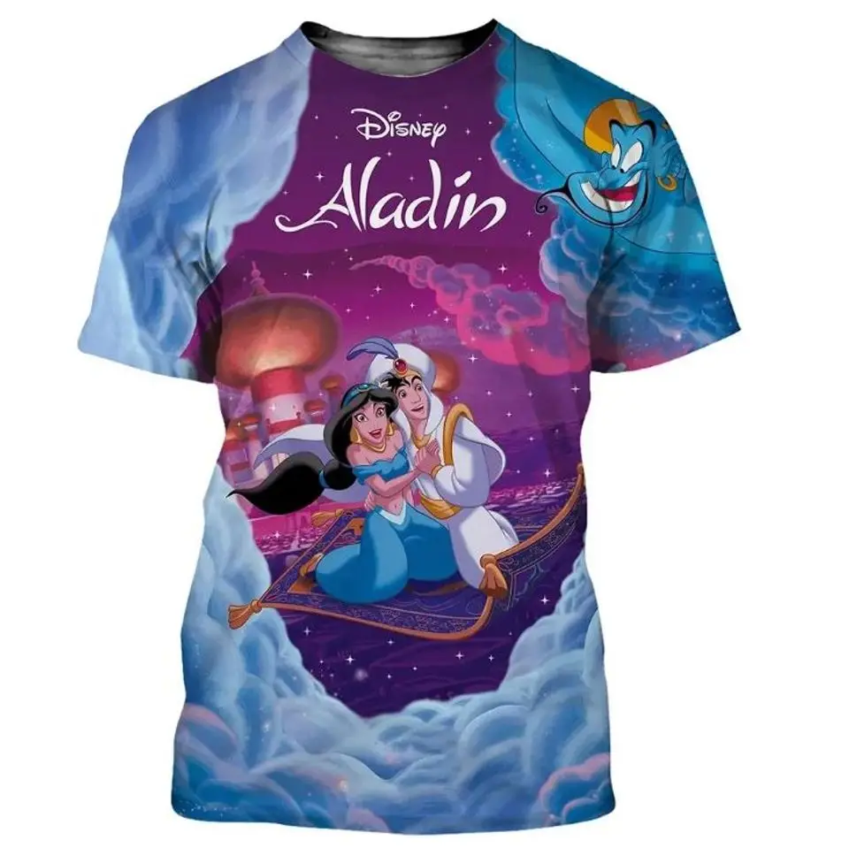 2024 Summer Men's 3D Printing Cartoon Aladdin Casual Short sleeved Women's Children's Sports Street Large Top