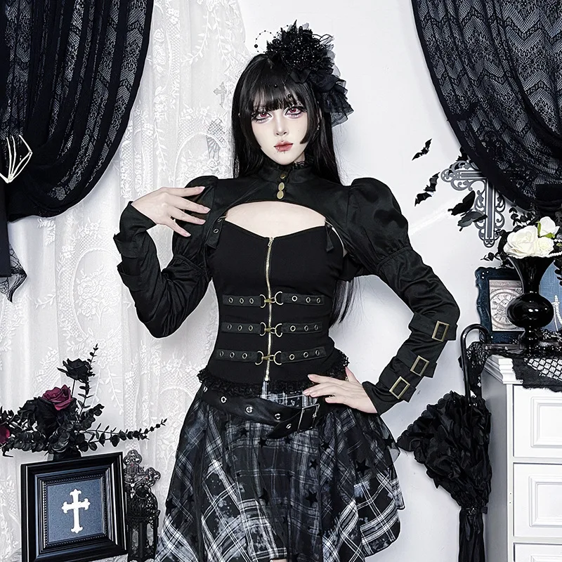 بلوزة كاميس على طراز فاسق للنساء Y2K مول ملابس قوطية هيب هوب مثيرة بدون ظهر وأكمام منتفخة معاطف علوية مقصوصة