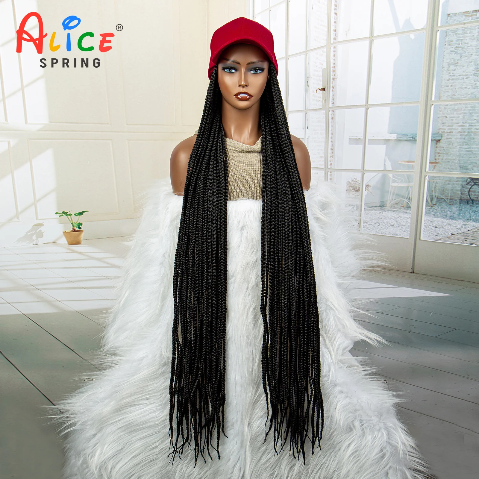 

40 Inches Red Baseball Hat With Synthetic Braided Hair Wig Extension Connect Adjustable Braided Hat Wig With Black Braiding Hair