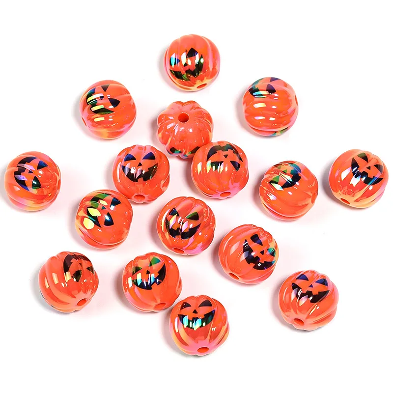 100 Stuks 15Mm Halloween Duivel Pompoen Kralen Uv Vergulde Oranje Wit Acryl Bedrukt Kraal Diy Sleutelhanger Telefoon Ketting Accessoires