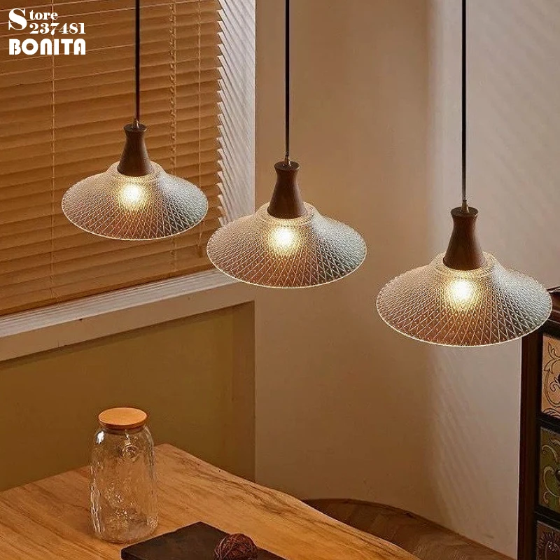 Vintage American Pendant Light, Solid Walnut & Embossed Glass Lampshade Chandelier for Cafe Bar Kitchen Island Bedroom Decor view 5