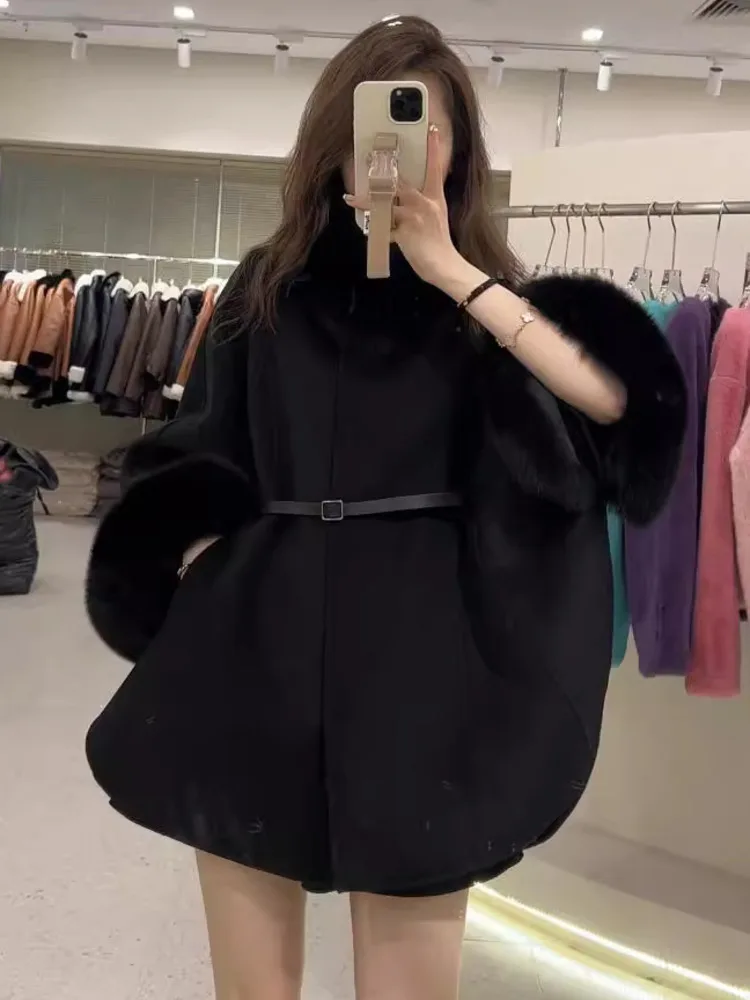 ZMEENNA Damen-Umhangmantel aus Wollmischung mit Kunstpelzkragen und Manschetten, elegante Winter-Poncho-Jacke mit Gürtel, stilvoll, ZM3662