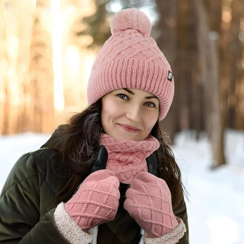 3 unids/set gorro de invierno bufanda guantes para pantalla táctil conjunto para mujer gorro forrado de lana de punto cálido conjunto gorra de bola de piel de zorro Real