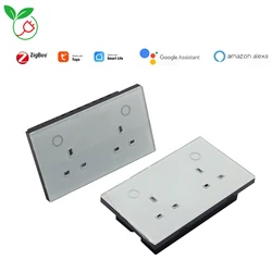 New Arrival Zigbee 3.0 Smart Wall Socket with Twin UK Power Outlet Touch Panel Glas Switch Tuya Alex Google