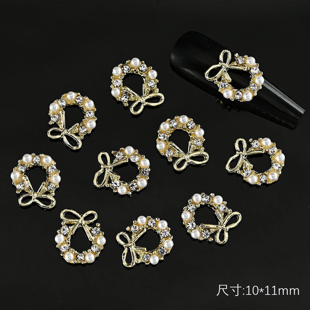 10Pcs Christmas Garland Bow 3D Nail Art Charms Sparkly Alloy Gold/Silver Wreath Design Jewelry Luxury Manicure Rhinestone Parts image 2