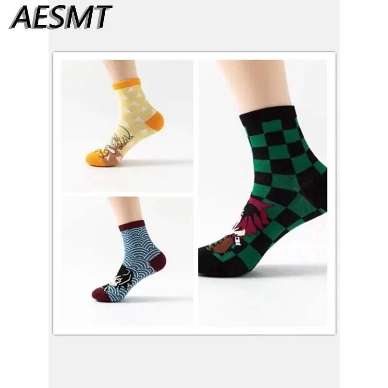 5 Pcs Anime Kimetsu No Yaiba Socks Cosplay Prop Anime Kamado Tanjirou Nezuko Cartoons Cotton Sock Halloween Party