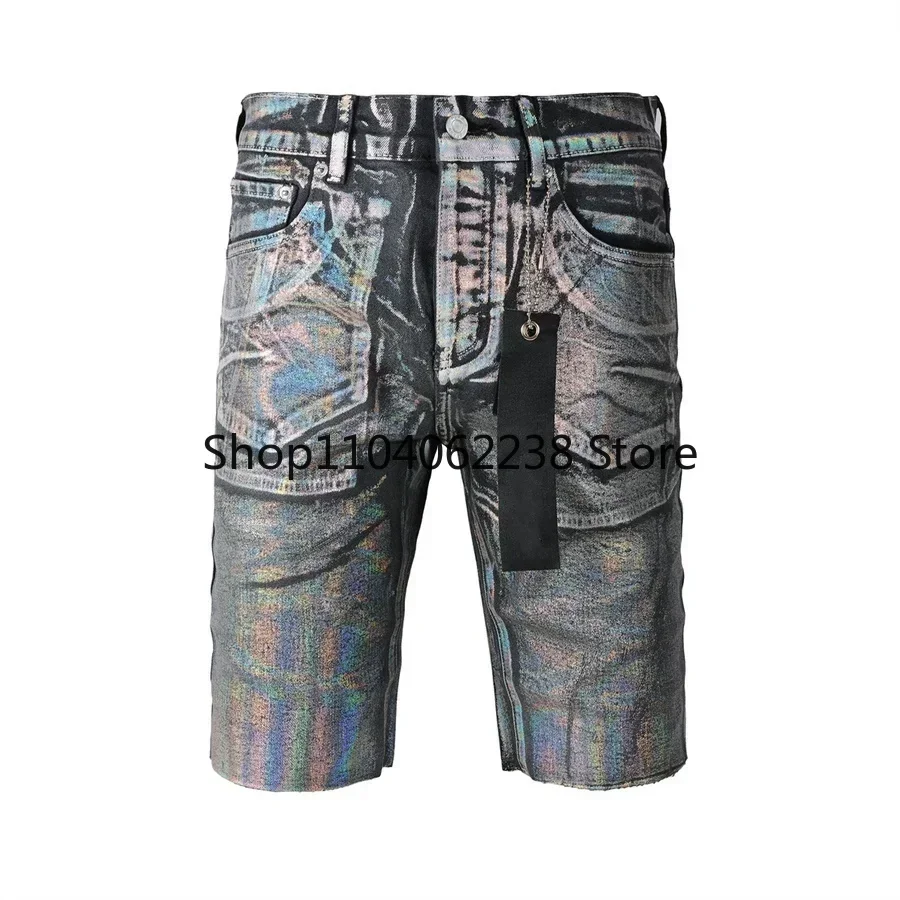 Top quality Purples Jeans Men Trendy Elastic Edged Middle brands Irregular Silver coating Washed Denim Shorts pants