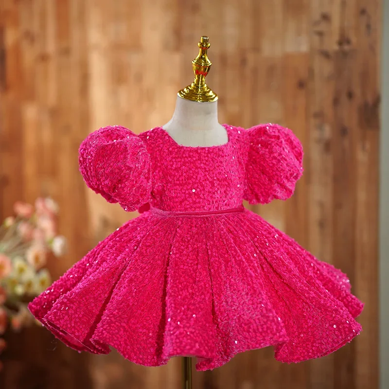 Customized Sequined Puff Sleeve Ball Gown Robe Slim Waist Design Pleated Flower Girls Dresses O-neck Kids Birthday Party Dress