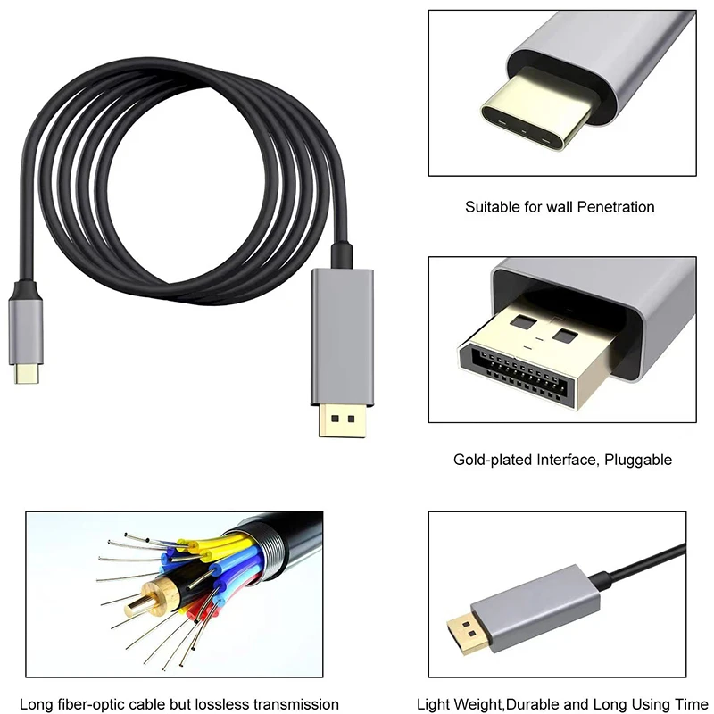 Cable USB-C a DisplayPort 8K @ 60 DP tipo C 3,1 a 4K 120Hz puerto de pantalla 1,4 Cable Thunderbolt 3 para MacBook Air Pro Samsung Dex