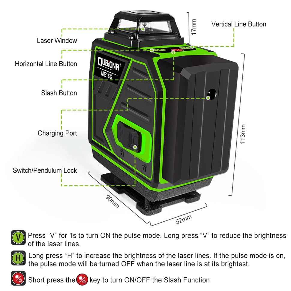 Clubiona 4D 16 Lines Professional Powerful Green Lines Laser Level with Remote Control and Pulse Mode