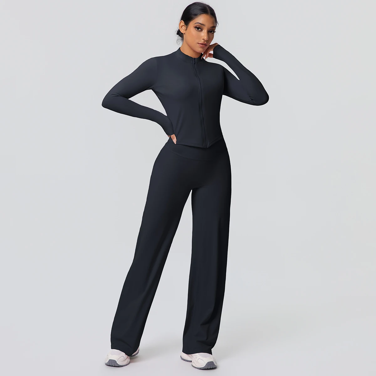 2 stück Schnell Trocknend Sport Fitness Kleidung Yoga Set Frauen Yoga Zipper Lange Ärmel Hohe Taille Atmungsaktive Breite Bein Hosen set – Detail 14