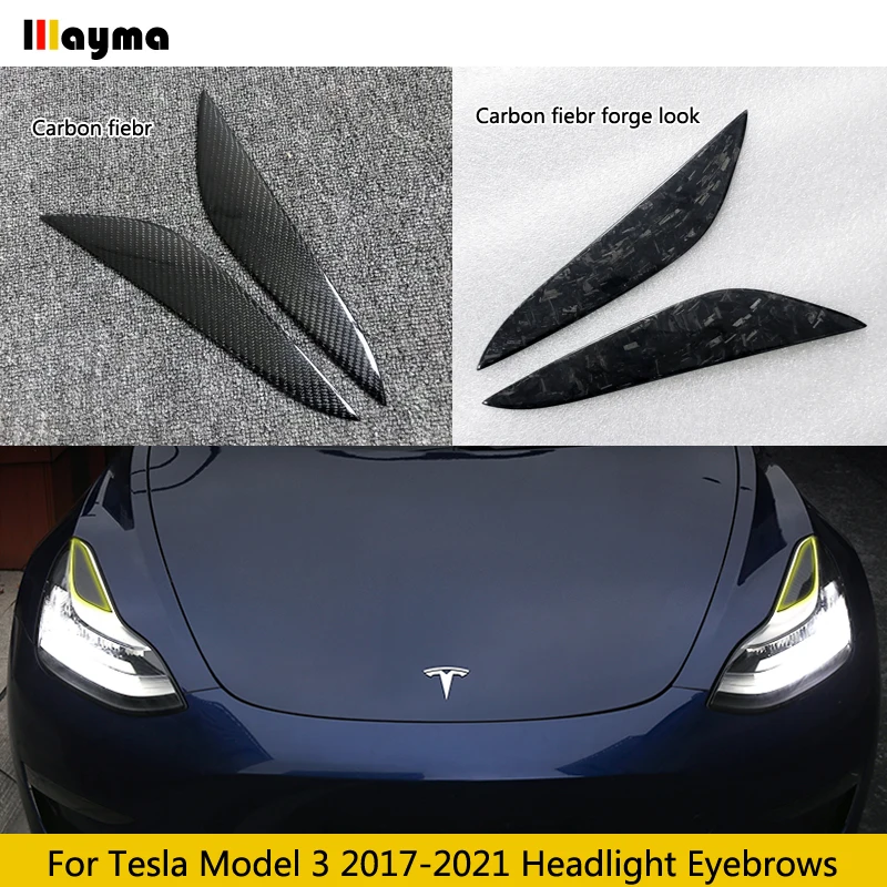 

Real Carbon Fiber Car Headlight Cover Eyebrows Front Lamp Carbon Forge Look Sticker Eyelid For Tesla 2017 - 2021 Model 3 Model Y