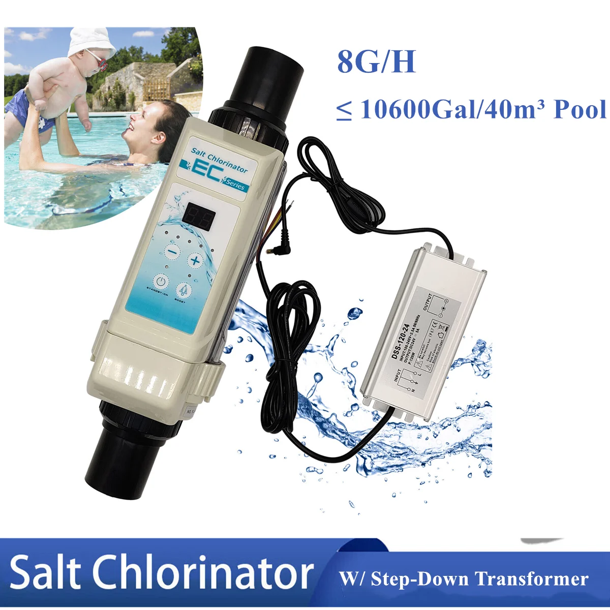 8G/H Salt Water Chlorinator Chlorine Generator System Spa for≤40m³ Swimming Pool