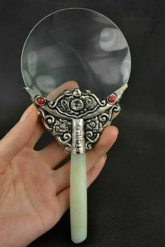 Handwork Jade Armoured tibet Silver Flower Usable Magnifying Glass Old Chinese