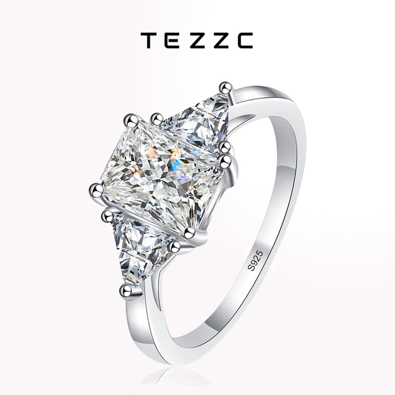 

Tezzc Full Moissanite Ring 925 Sterling Silver with Gold Plated Radiant Emerald Cut Lab Diamond Wedding Party Rings For Women