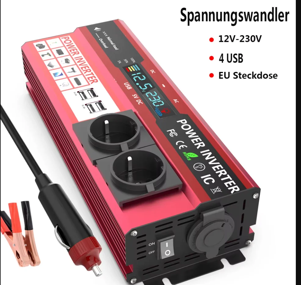 

Инвертор питания от 12 В до 220 В, 4000 Вт, ЖК-дисплей, розетка европейского стандарта, солнечный инвертор, двойной USB, быстрая зарядка для телефонов, ноутбуков, автомобилей