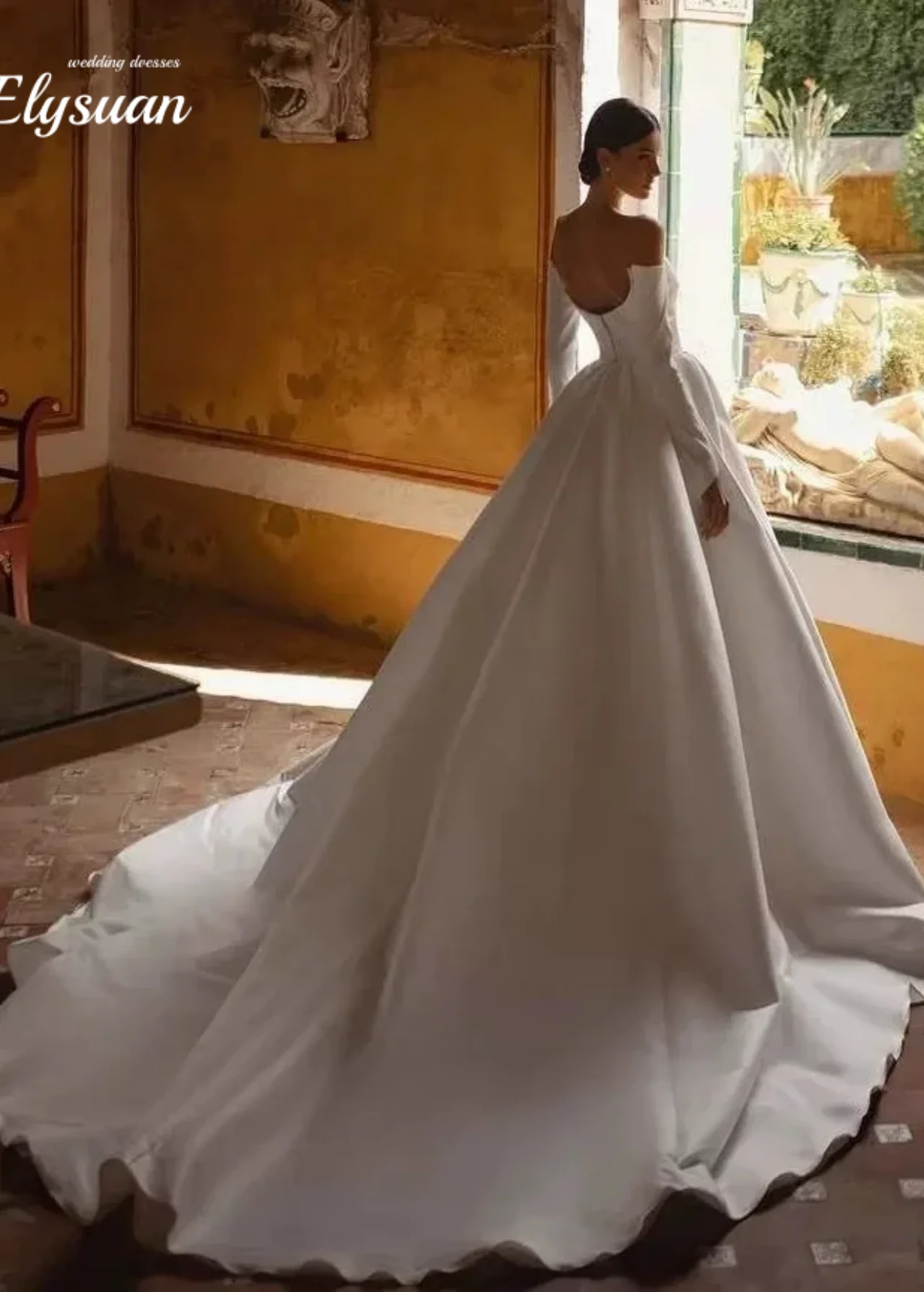 Aangepaste elegante lange mouwen trouwjurken satijn een lijn bruidenjurk backless off-the-shoulder prinses bruidsjurk