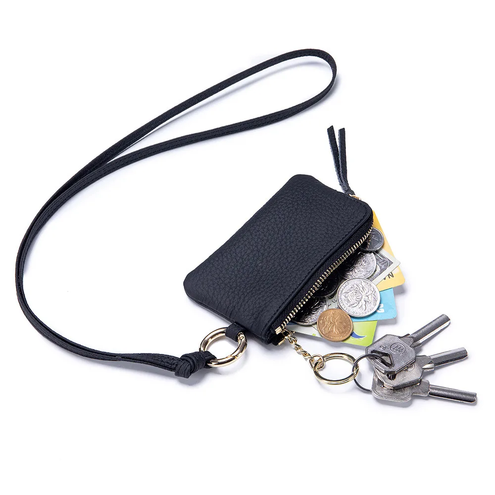 Genuine Leather Mini ID Card Bag Halter Neck Lanyard Multi-functional Soft Coin Purse Wallet With Key Ring Bags For Men Women.