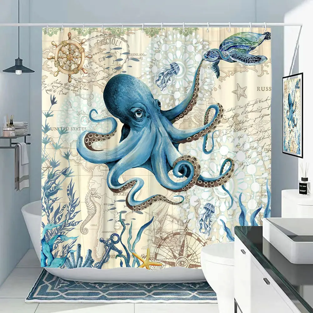 

Nautical Octopus Shower Curtain Ocean Sea Turtle Beach Coastal Blue Fish Seashell Jellyfish Fabric Bath Curtains Bathroom Decor